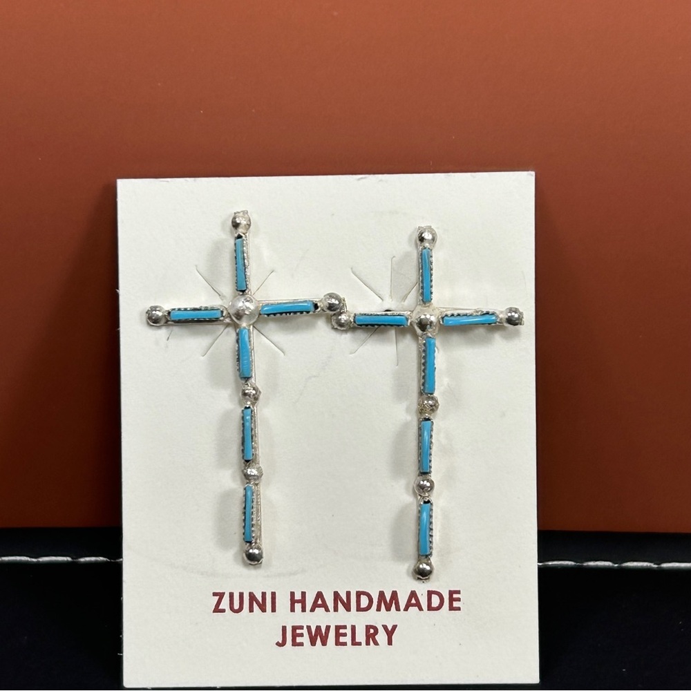 Zuni 925 Sterling Silver Pin Point Turquoise Cross Earrings